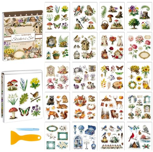 GLOBLELAND 152 Stück Natur Vintage Sticker Set mit Pinzette Und Schaber Frühlings Ästhetische Vintage Aufkleber für Journailing Scrapbooking Kalender DIY Geschenk