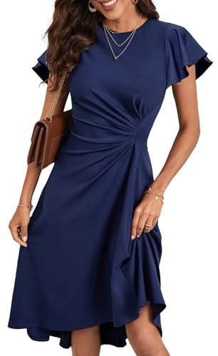 HUXRAKV Vestido Mujer Elegante Verano Manga Corta Pliegue en la Cintura Vestido A-línea Coctel Vestidos de Boda Invitada