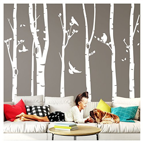 Wandaro Wandtattoo XXL Birkenstämme I weiß (BxH) 267 x 250 cm I Birke Vögel Bäume Blätter Tieren Flur Aufkleber Wohnzimmer Wandsticker Wandaufkleber W3327