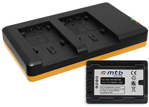 Akku [1780mAh] + Dual-Ladegerät (USB) für VW-VBT190 / Panasonic HC-VX989... / HC-W570, W850, WX979... s. Liste! mit Infochip (Akkulaufzeitanzeige unterstützt)
