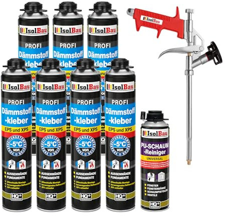 Isolbau B2 Dämmstoffkleber SET - 7 x 750 ml Perimeterkleber, 1 x PU-Schaum-Reiniger & 1x Schaumpistole für EPS & XPS-Platten - 1K PU-Klebeschaum für Fixieren und Isolieren