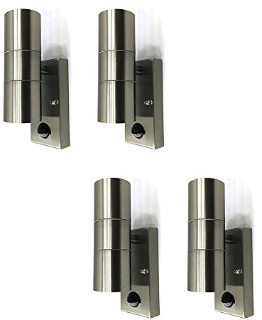 4x Hochwertige Edelstahl-Wand-Leuchte Bornholm mit Sensor, Up-/Down-Light, Fassung je 2 x GU10, je max. 35W, H: 21,5cm Eingangs-Balkon-Terrassen-Lampe-Strahler
