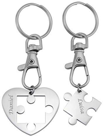 Hanessa Schlüsselanhänger personalisiert 2 Stück Herz Puzzle | Schlüsselanhänger mit Gravur Set Edelstahl Silber | personalisierte Schlüsselanhänger für Paare Freund Freundin Partner