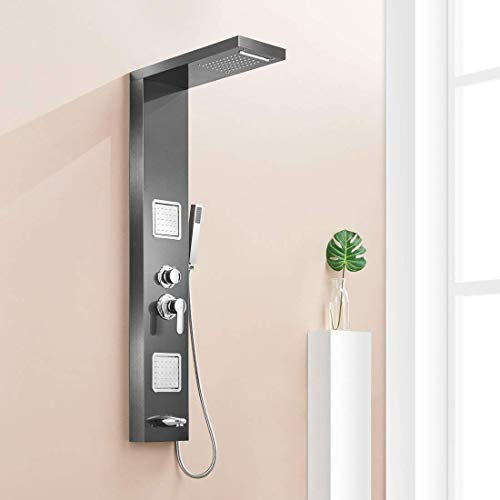 Pluie mural Panneau de douche pluie nickel brossé Colonne de douche avec robinet Système de massage du corps avec des jets en acier inoxydable Set de douche à main,Noir