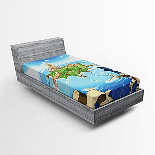 ABAKUHAUS Karikatur Spannbetttuch, Pirate Island Schädel, Soft Dekorativer Stoff Bettwäsche Rund-um Elastischer Gummizug, 90 x 200 cm, Aqua Grün