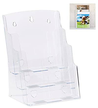 Relaxdays Prospekthalter A4 / DIN Lang, 3 Etagen, Acryl, Flyer Aufsteller Tisch & Wand, HBT: 33x24,5x20cm, transparent
