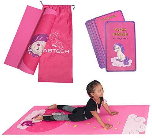 Kinder Yogamatte im Set - Lustige Rosa Einhorn Yogamatte für Mädchen - Chemiefrei - Ungiftig - Rutschfest - mit 12 Yogakarten