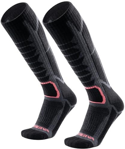 WEIERYA Calze Sci Uomo in Lana Merino - Calze da Sci per Uomo e Donna,Termiche, Antiscivolo, Ideali per Sci, Snowboard e Inverno,2 Paia,Nero Retrò,41-44
