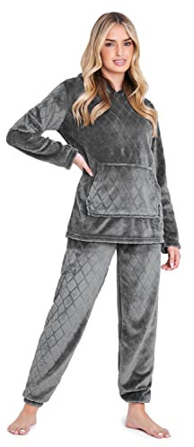 CityComfort Set Pigiama Donna Invernale in Pile, Pigiami con Cappuccio, 2 Pz Abbigliamento da Casa, Regalo Donna Adolescenti (Carbone,S)