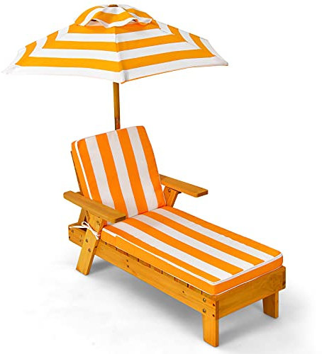 COSTWAY Chaise Longue pour Enfants, Chaise Longue en Bois avec Coussin et Parasol Amovible, pour Enfants de 3-8 Ans, 92 x 49 x 106CM, Charge Max 50KG, Rayures Jaunes et Blanches