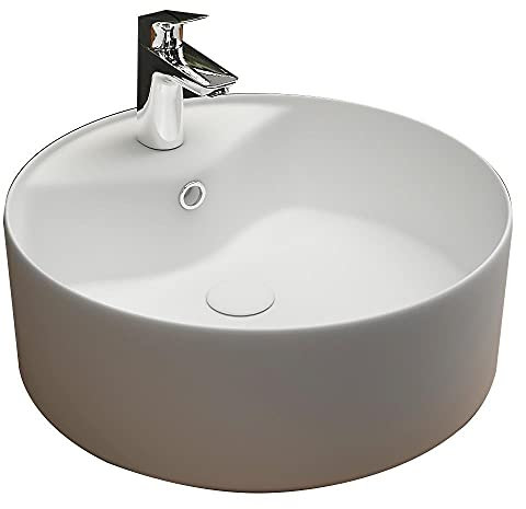 Alpenberger Rundes Schalenbecken | Aufsetzbare Waschschale aus Keramik | Mini Waschbecken Gäste WC | Waschbecken mit Lotuseffekt | Aufsatzbecken Klein mit Hahnloch und Überlauf | Badkeramik Modern