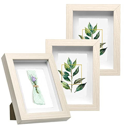 EUGAD 3er Set 3D Bilderrahmen zum Befüllen, Objektrahmen 13x18 cm, tiefer Rahmen für Objekte bis 1,5 cm, Holzrahmen Collage mit Papier-Passepartout, Eiche