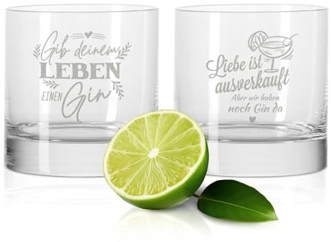 GRAVURZEILE 2er Set gravierte GIN-Gläser - Gib deinem Leben einen Gin & Liebe ist ausverkauft - Geschenk für Freund Freundin Kollege Partner - Party Mitbringsel Geschenkset für Sie & Ihn