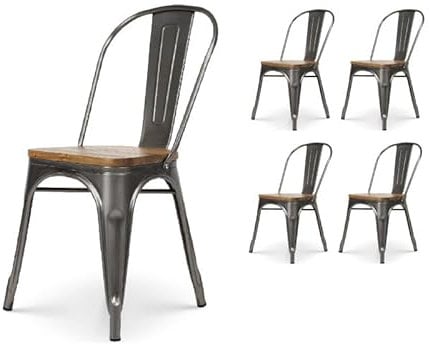 Kosmi - Lot de 4 chaises en métal Brut Aspect galvanisé et Assise en Bois Clair pour Un Design Style Industriel