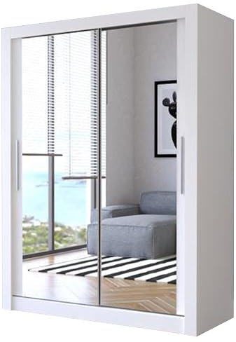 IE INTERIOR EMPORIUM Milan Full Mirror Double Sliding Door Wardrobe (or three in the 250cm size) With Shelves, Hanging Rails and LED Light in 6 Sizes & 4 Colors (150cm, White)
