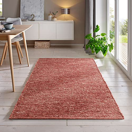 Handweb-Teppich aus Schurwolle in Skandinavischem Landhaus Design in vielen aktuellen Farben für Wohnzimmer, Esszimmer, Schlafzimmer, Flur, auch als Läufer beidseitig verwendbar rot 070x240 cm