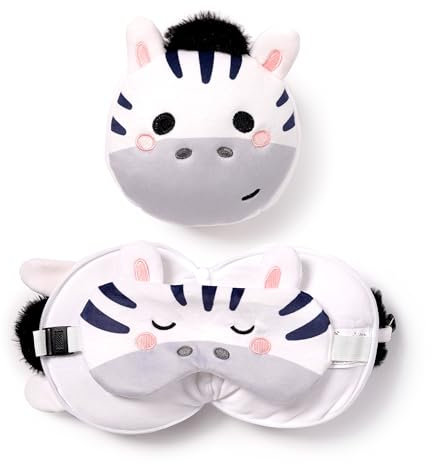 Relaxeazzz Adoramals Bali the Zebra rundes Plüsch-Reisekissen & Augenmaske – Schlaf-Augenmasken – Kinder-Reisezubehör zum Schlafen im Flugzeug – Flugzeug, Nackenkissen