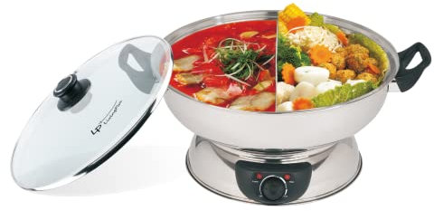 LP Living Plus Electric Dual Sided Shabu Shabu Divider Hot Pot with Burner and Glass Lid, 5.0L, Stainless Steel with Multi Control