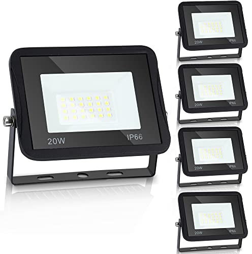 Yakimz LED Strahler Außen, 5er 20W Fluter 6000K Kaltweiß Scheinwerfer, IP66 Wasserfest, 1700LM Superhell, Flutlichtstrahler Außenleuchte für Terrasse Sportplatz