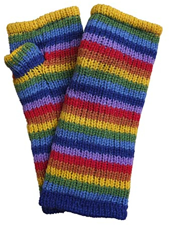 Pachamama Damen Handwärmer aus Wolle mit Fleece gefüttert, handgestrickt, Regenbogenfarben, gestreift, mehrfarbig, Einheitsgröße, handgefertigt, extra warm, Fair Trade