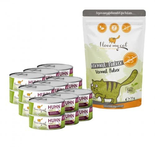I Love My Cat Sparset für Katzen mit Vermal Pulver & Nassfutter Huhn – Getreidefrei, natürliche Zutaten, 18 x 100 g + 35 g Pulver