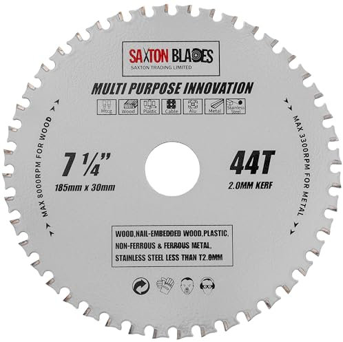Saxton TCT TCT18544TMPT Lame de scie circulaire multi-usages rainureuse 185 mm x 44 dents Bois et métal Compatible avec Bosch, Dewalt, Ryobi, Makita, etc