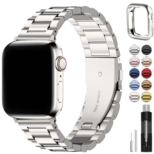 Fullmosa Compatible with Apple Watch Straps 45mm 44mm 42mm, Metal Stainless Steel Replacement Bands for iWatch SE/Series 9/8/7/6/5/4/3/2/1, Starlight & Protective Case