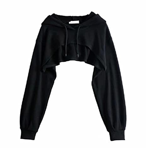 Women Long Sleeve Loose Super Crop Top Harajuku Hip Hop Dance Solid Basic Sexy Cut Out Cropped Hoodie Sweatshirt