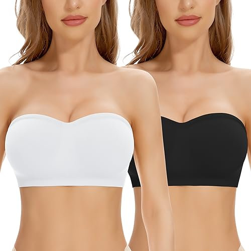 Cavotor Supportive Strapless Bandeau Bra Non-Slip Stay Up Padded (181-Black+White,M)