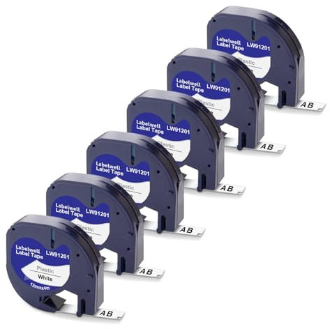 Labelwell 6x Kompatibel für Dynmo Schriftband Schwarz auf Weiß Kompatibel für Dynmo 200B XR LT-100H LT-100T 80 für 91201/91221 / S0721660 Etikettenband, 12mm x 4m