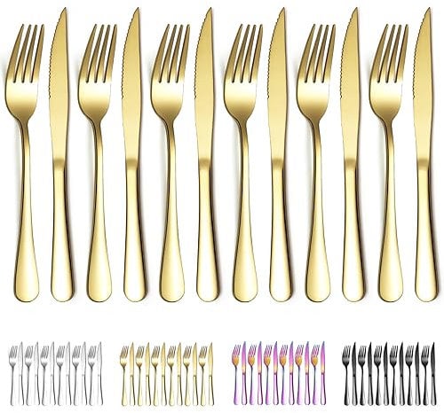 Evanda Juego de Cuchillos Dorados para Carne 12 Piezas, Juego de 6 Tenedores y 6 Cuchillos para Cena de Acero Inoxidable Chapado en Titanio Dorado, Cuchillos para Carne, Aptos para Lavavajillas