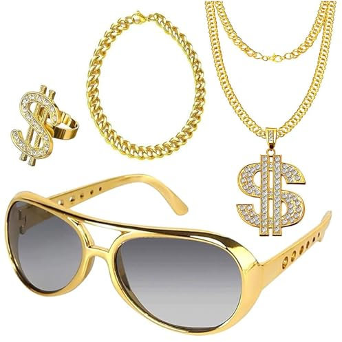 4 Stück Dollar Kette Set, Hip Hop Kostüm Accessories, Dollar Zeichen Halskette Ringe Sonnenbrille Goldkette, Hiphop Schmuck für 80s/90s Herren Fasching Karneval Party