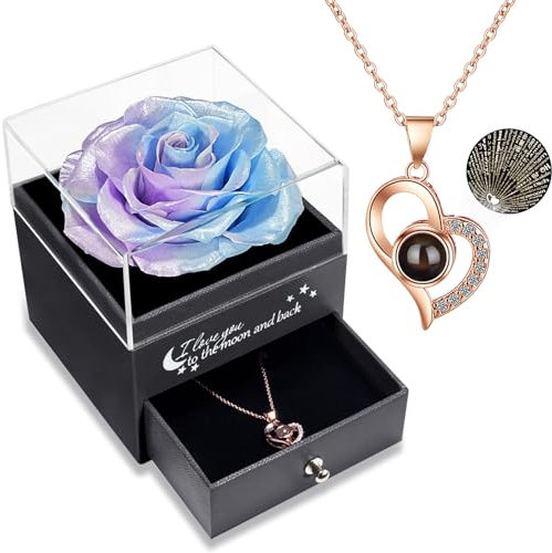 Yamonic Rose Eternelle avec Bijoux Coffret Cadeau Femme,Rose Préservée avec Collier Femme,Rose Éternelle Cadeau Anniversaire Femme Maman, Cadeau Noel Saint-Valentin Femme Fête des Mères,Vraie Rose