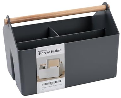 BLUE GINKGO Medium Storage Basket – Plastic Caddy with Wooden Handle for Office, Arts & Crafts, or Home Supplies (Grey)