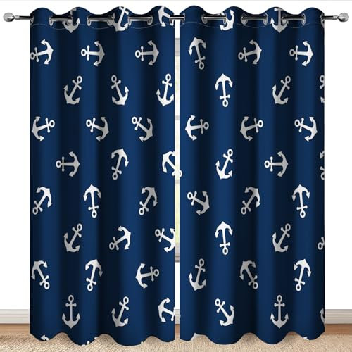 MissHope Nautical Anchor Blackout Curtains Ocean Beach Coastal Beach Theme Home Decoration Drape Sailing Ship Boat Decor for Bedroom Living Room Classroom Grommet Window Drapes 2 Panels, 52x84 Inch