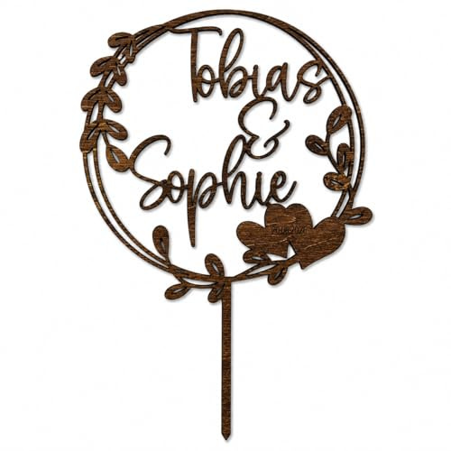 Birdart Box® Cake Topper personalisiert - Tortenstecker mit Namen aus Holz (Nussbraun, Variante 2)