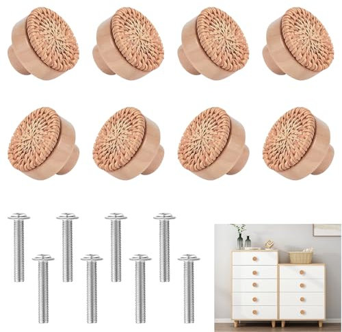JKYVAA 8 PCS Wooden Drawer Knobs - Boho Rattan Cabinet Round Knobs for Door, Cupboard, Dresser, Furniture, Wardrobe Pull With 8 Screws (4 x 3cm)