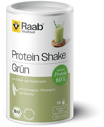 Raab Vitalfood® Bio Protein Shake Grün Pulver (360 g) - Grüner Smoothie mit Gerstengras, Weizengras, und Matcha, 60% Proteingehalt, Mischung aus Erbsen- und Hanfprotein, Vegan, Bio