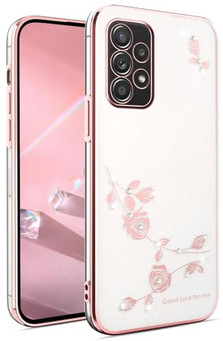 BORYA Hülle für Samsung Galaxy A52s 5G/Samsung Galaxy A52, Stoßfest Ultra Dünn Transparent Weiches TPU Silikon Handyhülle, Elegant Galvanisierter Glitzer Diamant Blumen Muster Schutzhülle, Rosa