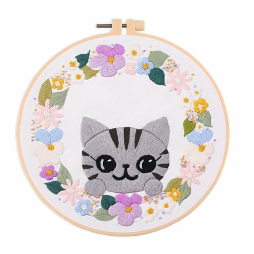 YEESAM ART Stickerei-Starter-Set mit schönen Blumenkranz und grauen Katzenmustern, komplettes Set DIY Stickerei Kreuzstich Kits für Erwachsene Anfänger Handarbeit Nähen