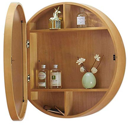 ZFGOJNBH Badezimmerschränke mit rundem Spiegel aus massivem Holz, Badezimmerspiegel, an der Wand montierter Aufbewahrungsspiegel, Badezimmerschränke (Farbe: Holz, Größe: Durchmesser 50 cm (20 Zoll))