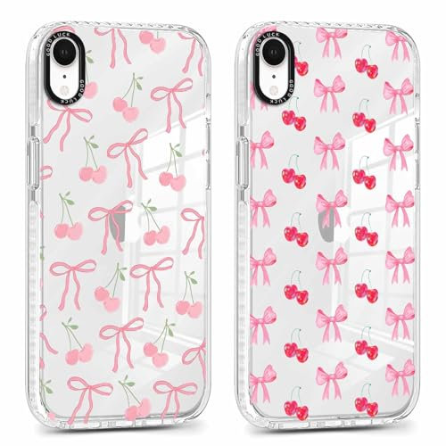 Phoona 2 packs Phone Case for iPhone XR 6,1'', Cute Clear Transparent Cover with Bow Cherries Pattern Aesthetics Design, Soft Shockproof Protective Slim Funda for Women Girls