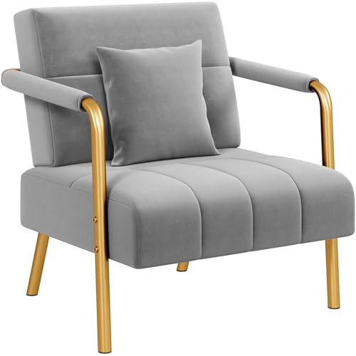Abician Fauteuil de Salon en Velours Chaise d'appoint Relaxation avec Coussin Carré Fauteuil de Relax Cadre en Métal Doré pour Chambre à Coucher Salle d'attente Bureau Gris Clair