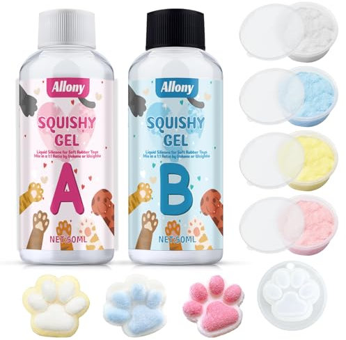 Allony Kit para Hacer Squishy, Taba Squishy, Fufu Squishy, Incluye 100 Ml Silicona Liquida, 1 Molde de Silicona de Pata de Gato, 4 Colores Polvo Flocado, Juego de Manualidades para Aliviar Estrés
