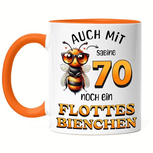 Kiddle-Design Personalisierte Tasse 70. Geburtstag - Flottes Bienchen ist 70-70ter Geburtstag Lustiges Geschenk Frau Frauen - Tasse Orange