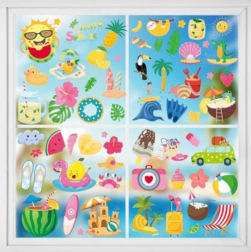 Sommer Fensteraufkleber,Fensterbilder Selbstklebend Sommer Deko,Fensteraufkleber Sommer Kinder Fensterbilder Wiederverwendbar Sommer (Farbe 4PCS)