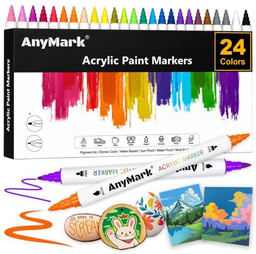 AnyMark 24 Farben Acrylstifte, Wasserfest Pinsel & Feine Spitze | 1-5mm Dual Tip Acrylmarker für Stein, Basteln, Holz, Eier, Leinwand, Keramik