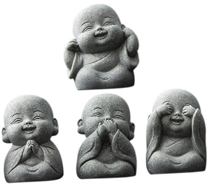 TOPPERFUN 4 Stück kleine Mönchsornamente Dekorationen Miniatur geschnitzt Schreibtisch Statue - Buddha- Statuen für Wohnkultur Buddha-Statue drinnen Buddha Wohnkultur Stein Grau
