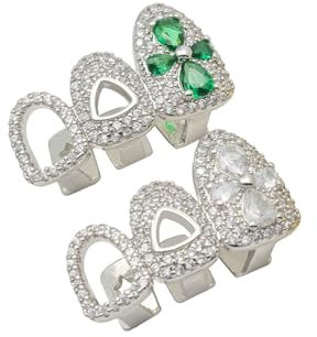 2pcs Vintage DREI Hohl Full CZ Stein Zähne Kappen Für Frauen Männer Mode Blume Zirkon Charme Zahn Grills Schmuck Cosplay,Silber