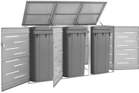 Triple Wheelie Bin Shed - Outdoor Storage Box for 3 Bins, Stainless Steel Garden Hideaway, Durable & Stylish Wheelie Bin Cover, Weather-Resistant Grey Shed
